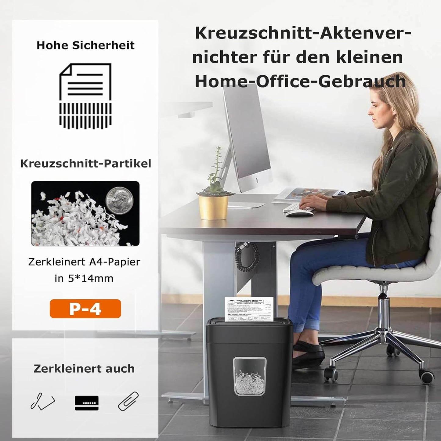 Bonsaii Aktenvernichter 8 Blatt, Papierschredder mit Sicherheitsstufe P-4 C261-C Schwarz