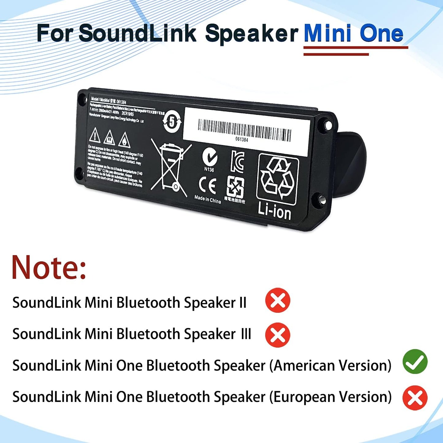 BOWEIRUI 061384 Lautsprecher-Akku NUR passend für Soundlink Mini I One, SoundLink Mini Bluetooth-Lautsprecher One Series/Soundlink 061385 061386 063404 063287 (7,4 V 17 Wh 2230 mAh)