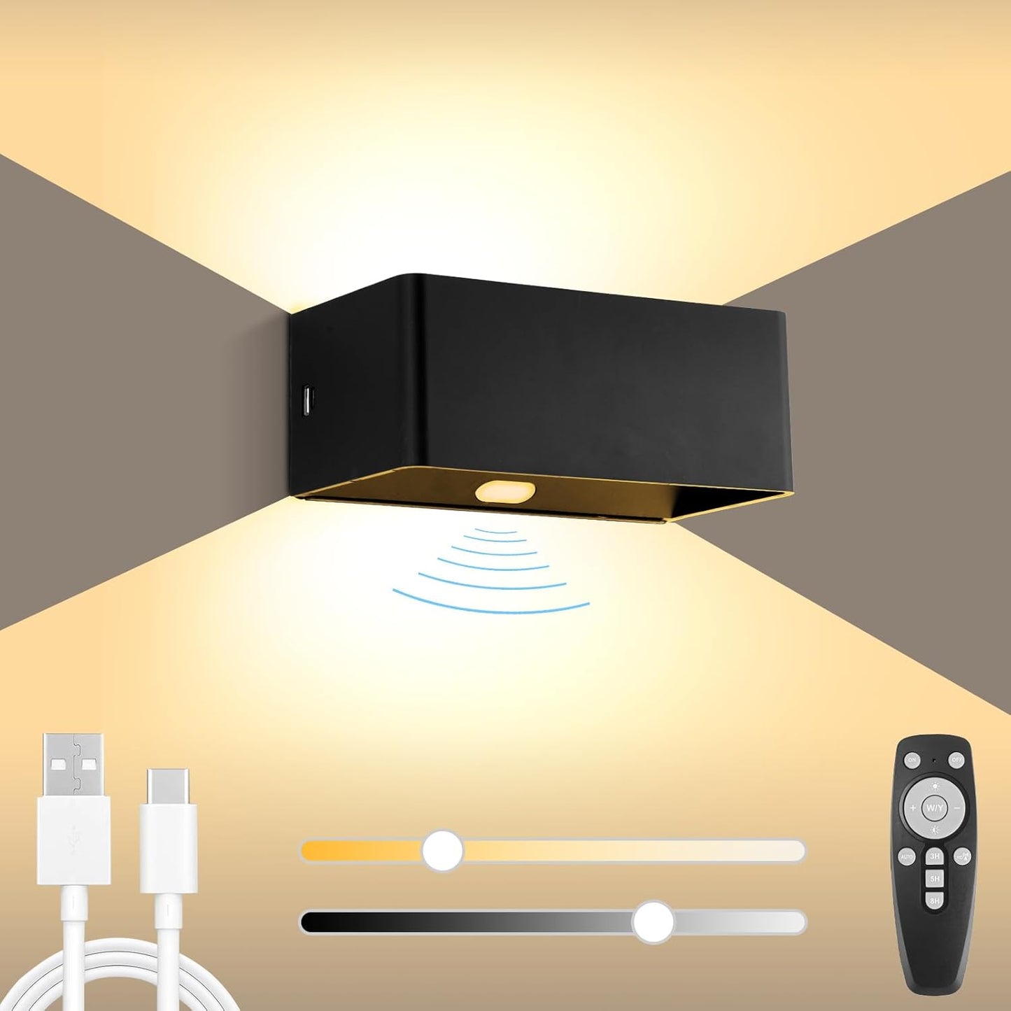 BOBOPAI Kabellos Akku Wandleuchte mit Bewegungsmelder,Timing-Funktion, 6W LED Dimmbare Schwarz