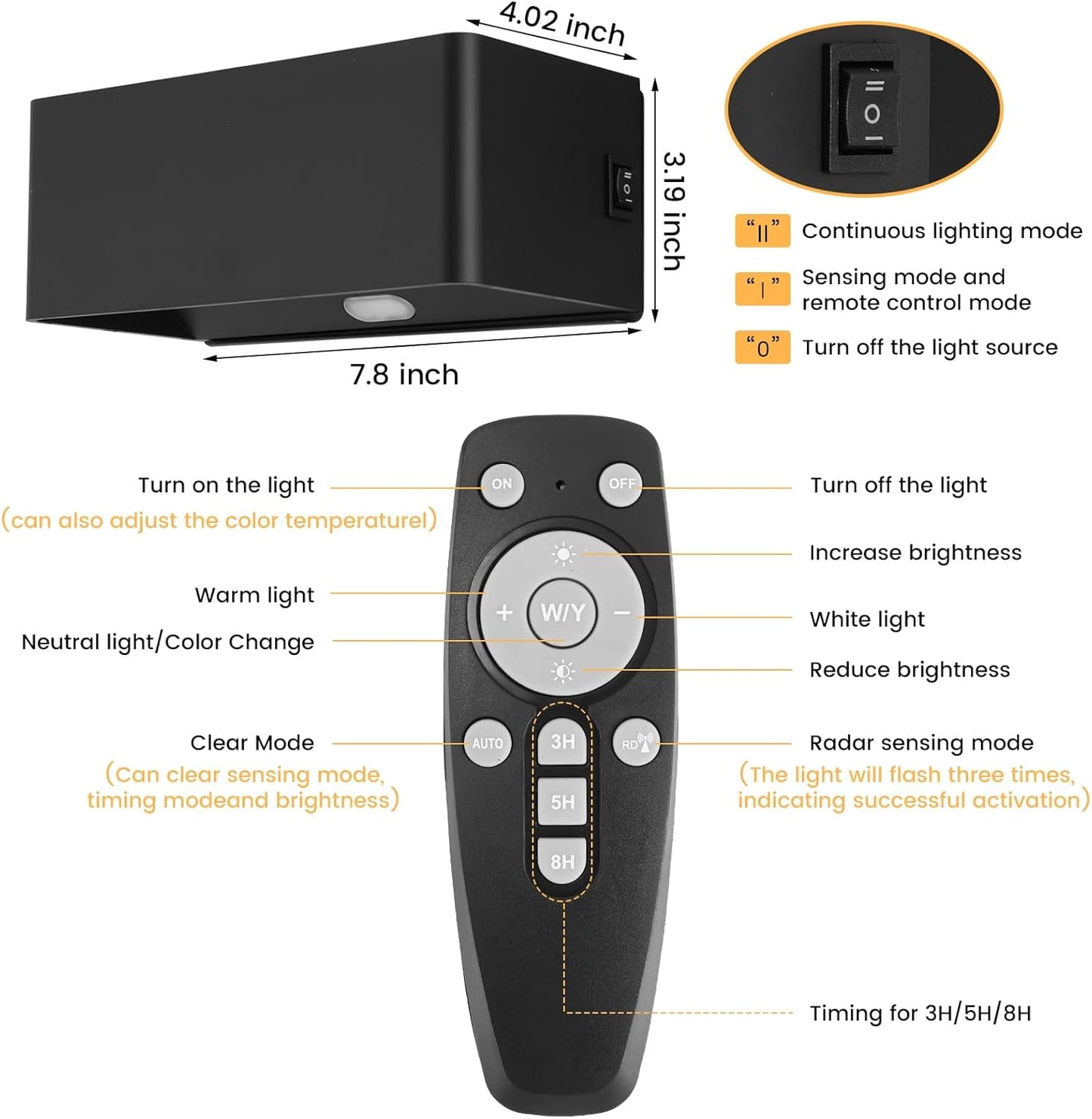 BOBOPAI Kabellos Akku Wandleuchte mit Bewegungsmelder,Timing-Funktion, 6W LED Dimmbare Schwarz