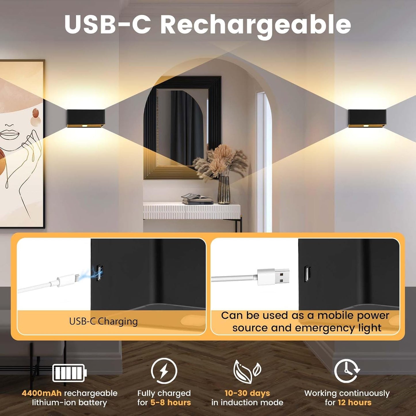 BOBOPAI Kabellos Akku Wandleuchte mit Bewegungsmelder,Timing-Funktion, 6W LED Dimmbare Schwarz
