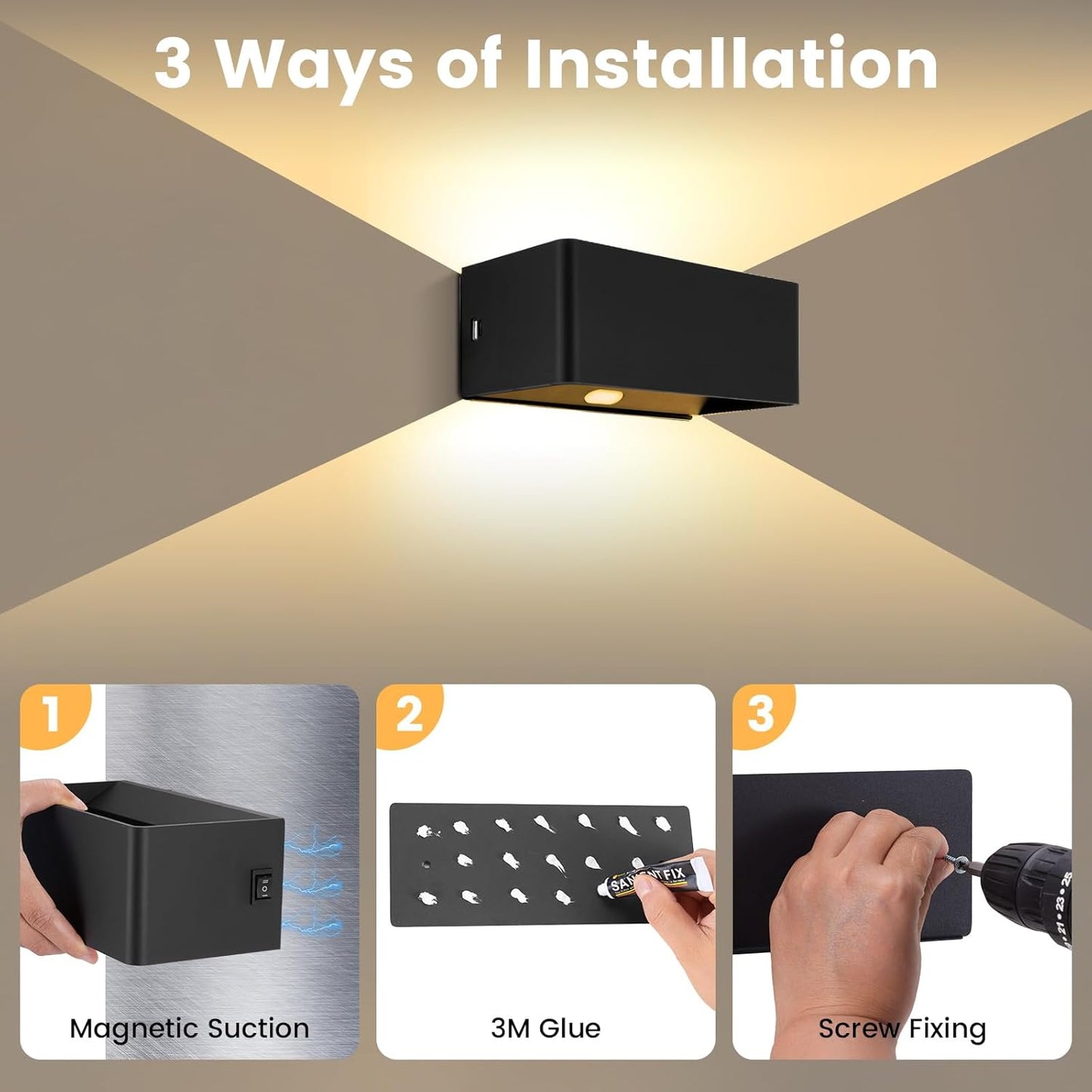 BOBOPAI Kabellos Akku Wandleuchte mit Bewegungsmelder,Timing-Funktion, 6W LED Dimmbare Schwarz