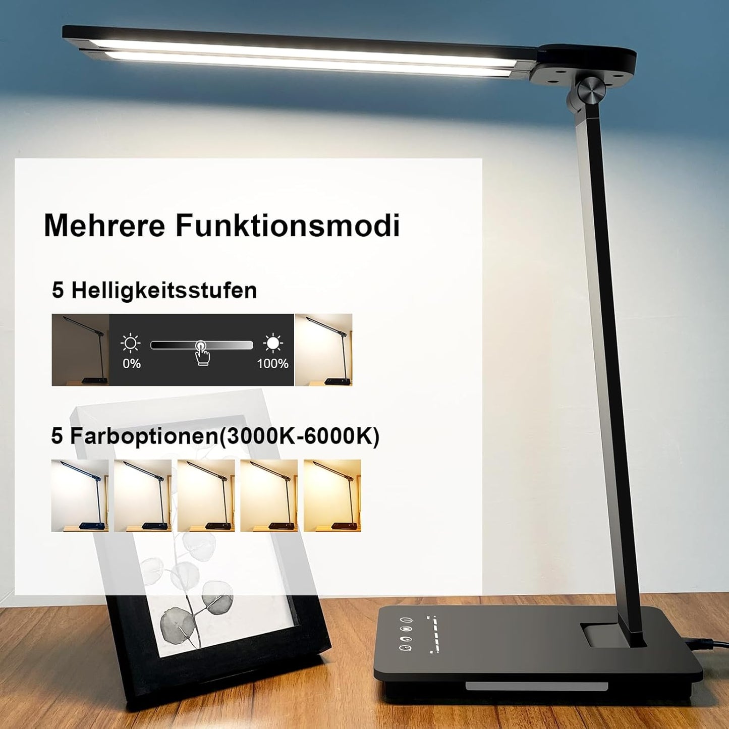 bybule Doppelkopf Schreibtischlampe LED,Tischlampe 5 Farb und 5 Helligkeitsstufenn Touch Control