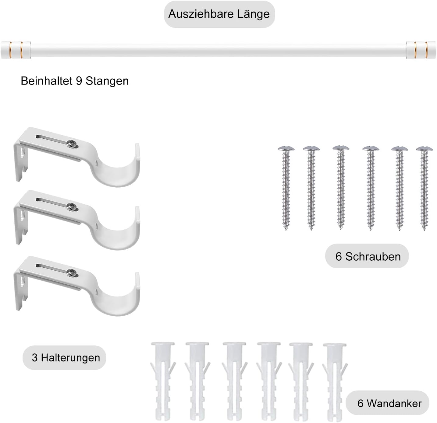 Poteaux de jardin disponibles avec pinces à embouts cylindriques 64-337 cm pour fenêtres d'habitation et de soins, blancs (2,5 cm de diamètre)
