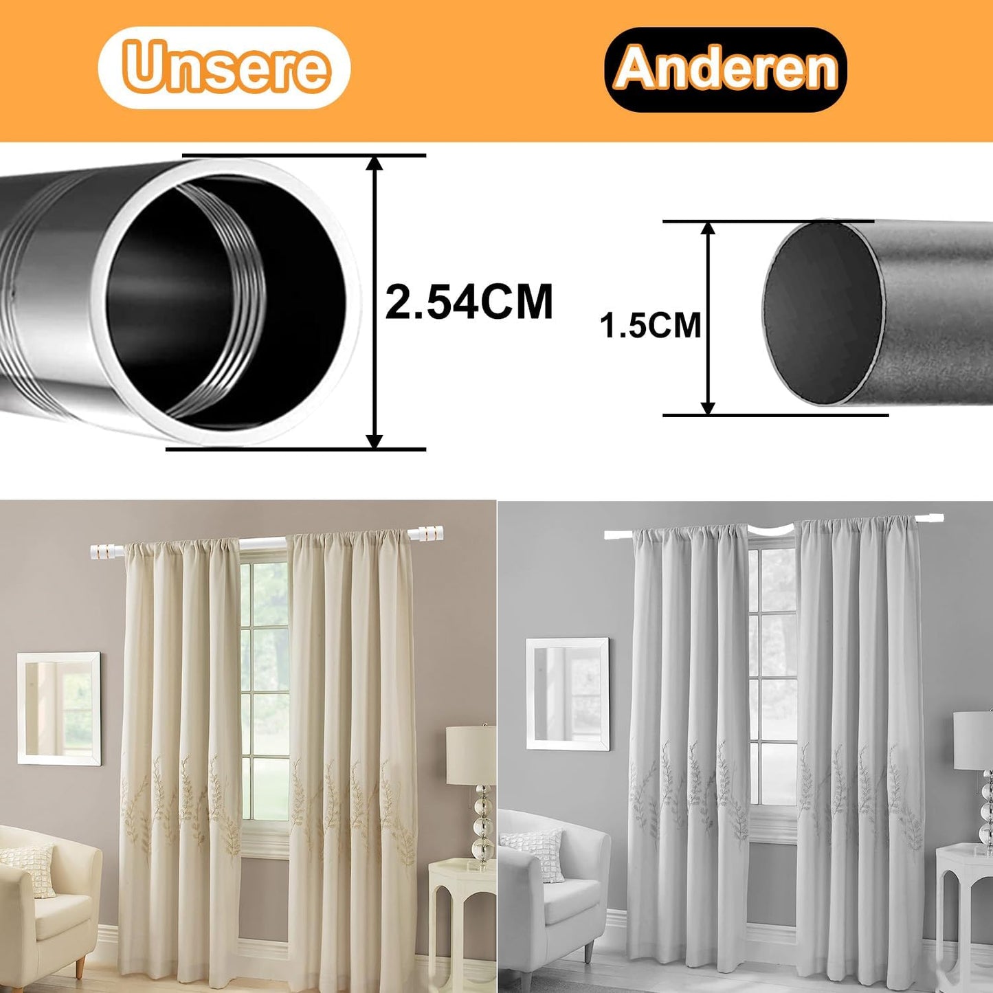 Poteaux de jardin disponibles avec pinces à embouts cylindriques 64-337 cm pour fenêtres d'habitation et de soins, blancs (2,5 cm de diamètre)