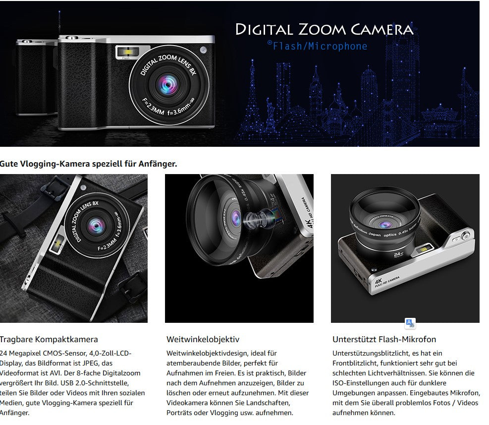 CamKing Digitalkamera 24MP FHD 1080P Kompaktkamera für Rucksacktouren mit 4,0-Zoll-LCD-Touchscreen 8X Digitalzoom-Weitwinkelobjektiv min. Kamera für Fotografie 32 GB SD-Karte enthalten