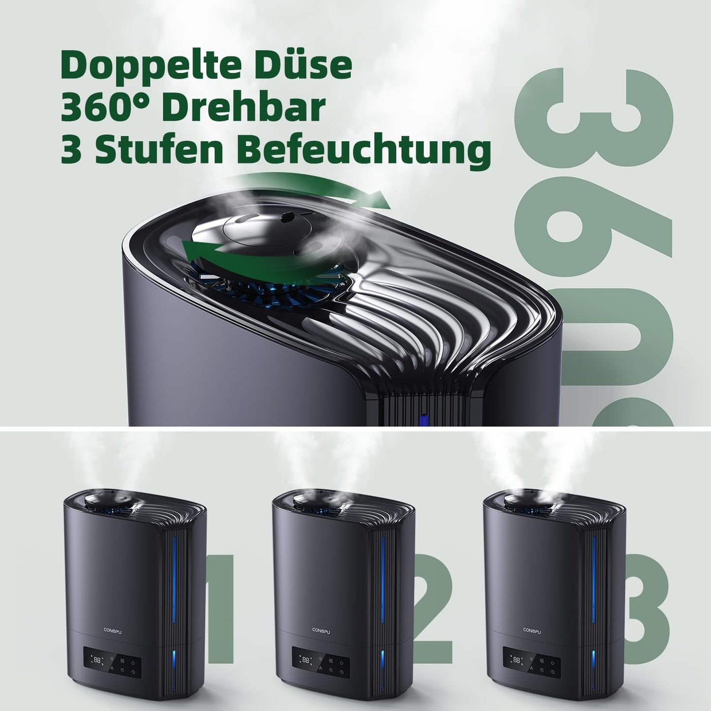 CONOPU Luftbefeuchter, 6L Luftbefeuchter Schlafzimmer für Large Räume, 60h Diffuseur d'arômes pour Schlafzimmer Kinderzimmer Pflanzen, 300 ml/h, Noir