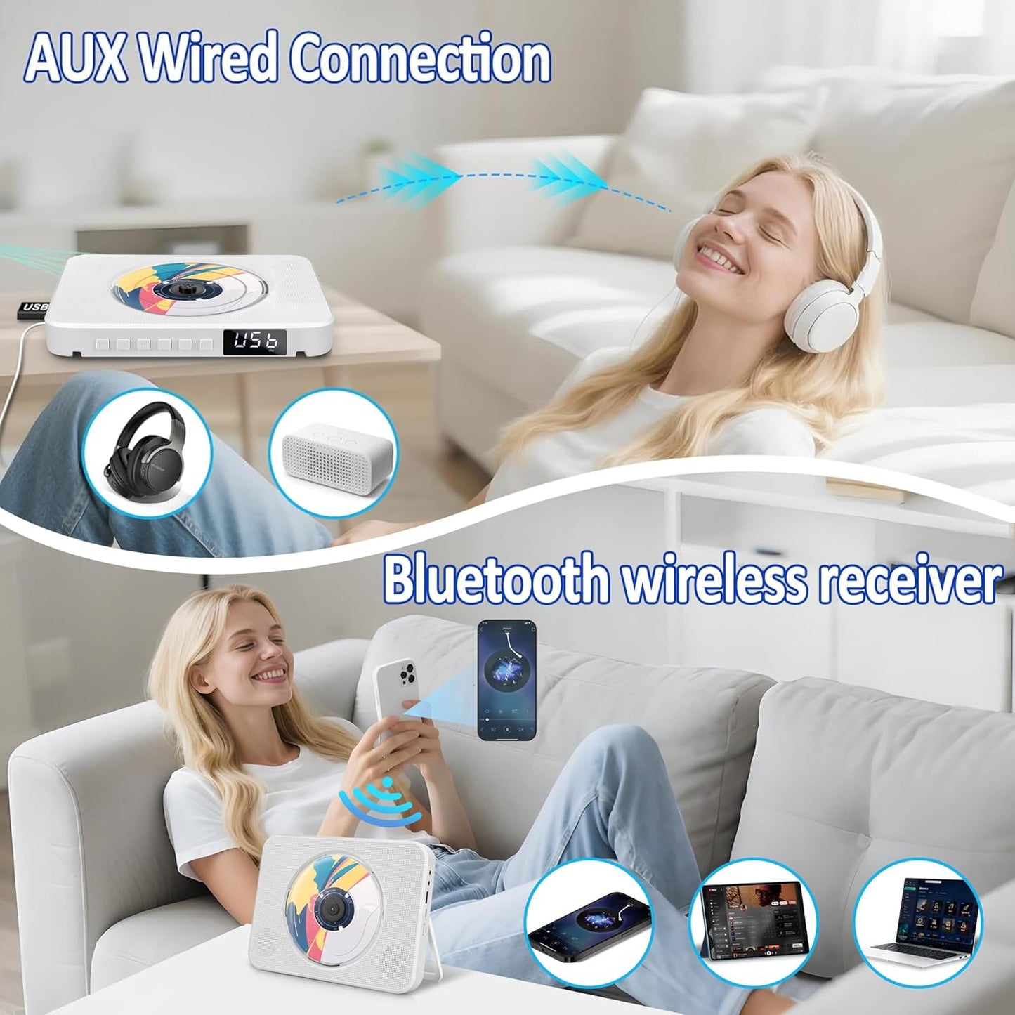 Bluetooth CD Player mit Tragegriff, Tragbarer Vertikaler mit integrierten Lautsprechern Unterstützt FM Radio