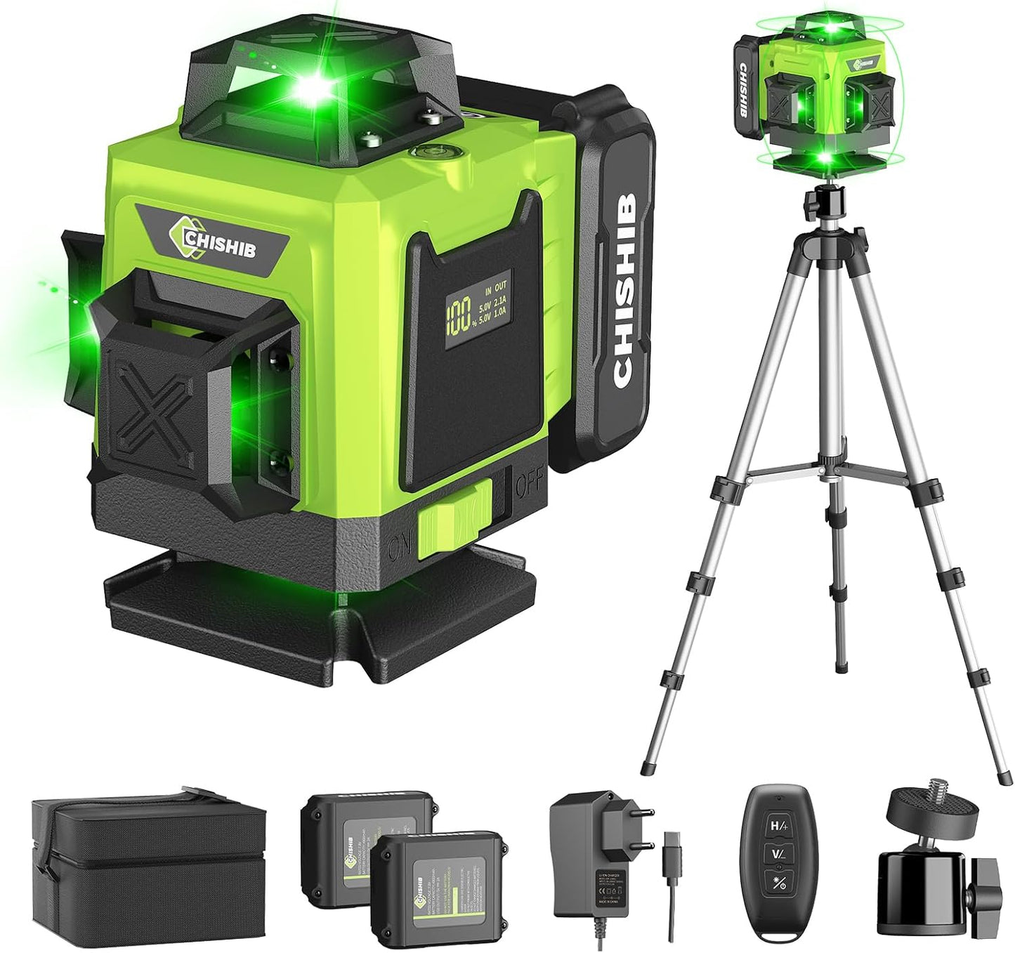 CHISHIB Laser-Wasserwaage 360, mit Stativ und 4800 mAh Akkus 4D-Laser-Wasserwaage, 4 x 360°