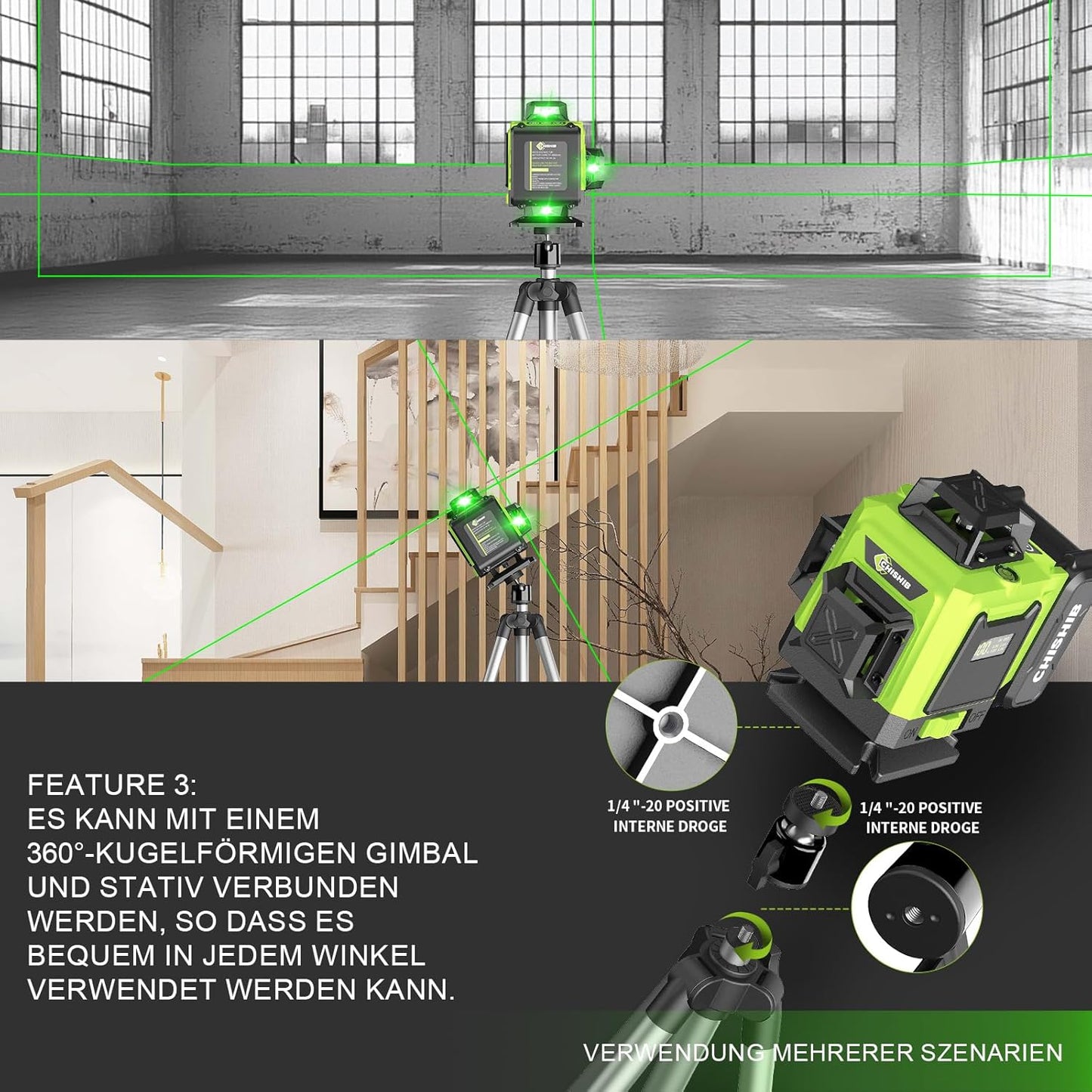 CHISHIB Laser-Wasserwaage 360, mit Stativ und 4800 mAh Akkus 4D-Laser-Wasserwaage, 4 x 360°
