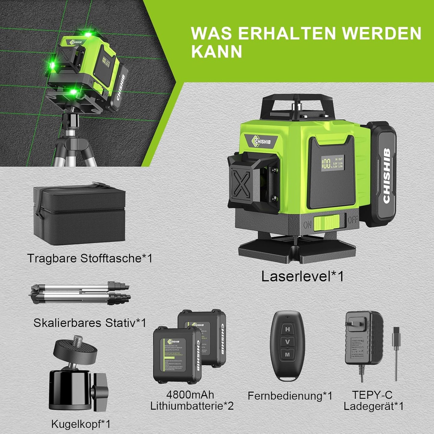 CHISHIB Laser-Wasserwaage 360, mit Stativ und 4800 mAh Akkus 4D-Laser-Wasserwaage, 4 x 360°