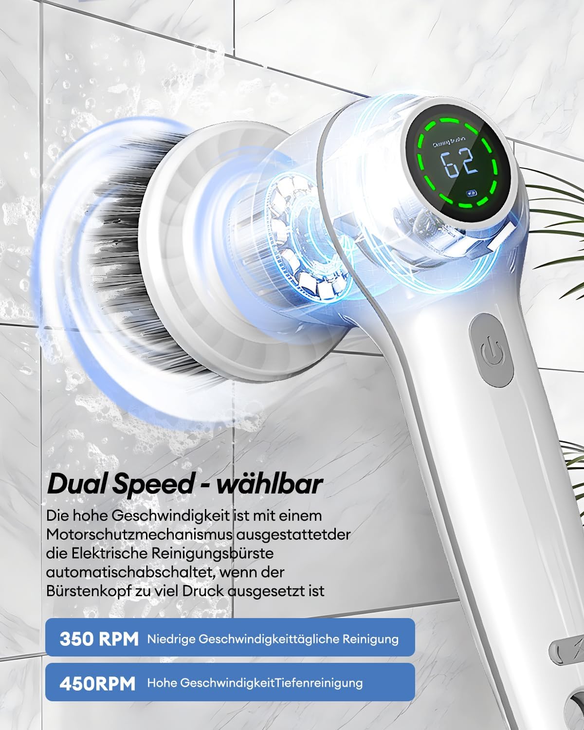 CkeyiN Elektrische Reinigungsbürste, Kabelloser Fugenreiniger mit 7 Austauschbaren Bürstenköpfen Handheld Power Spin Scrubber Mit LED Anzeige, 2 Modi, Weiß