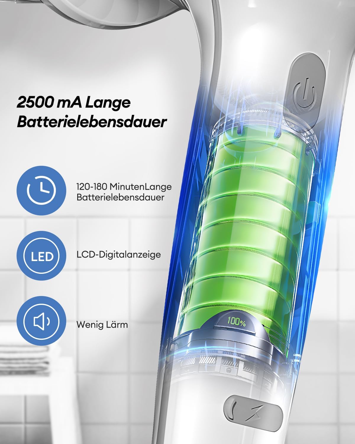 CkeyiN Elektrische Reinigungsbürste, Kabelloser Fugenreiniger mit 7 Austauschbaren Bürstenköpfen Handheld Power Spin Scrubber Mit LED Anzeige, 2 Modi, Weiß