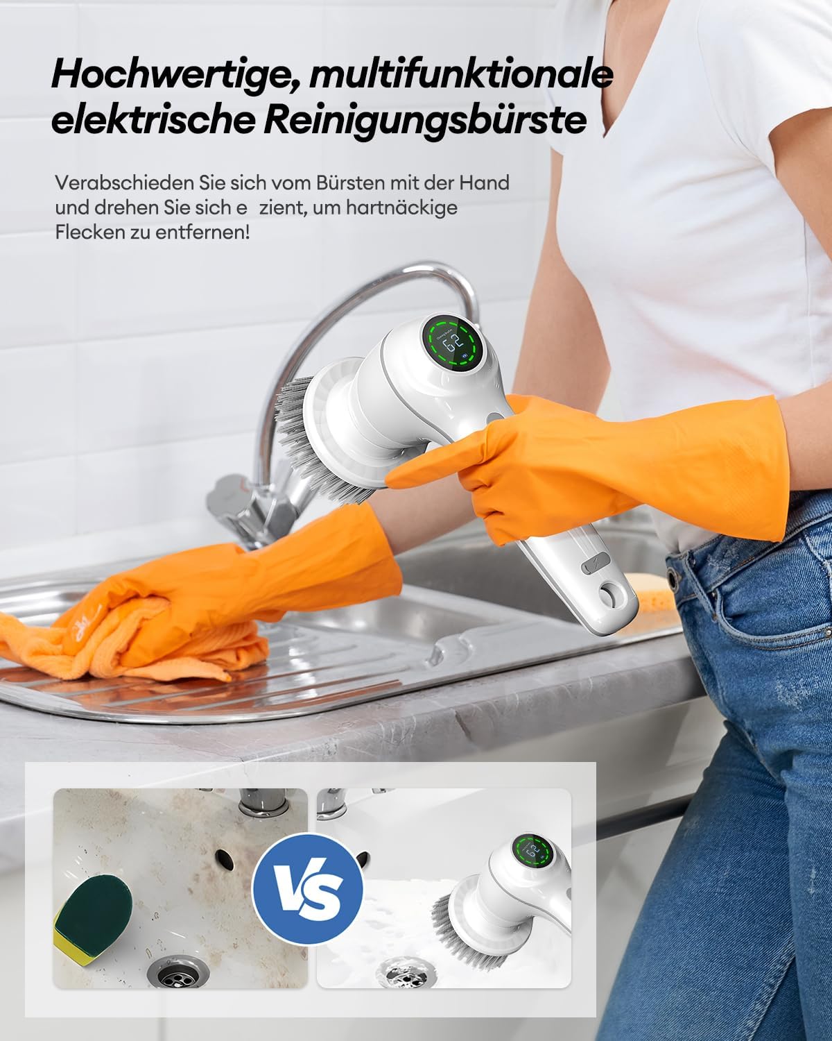 CkeyiN Elektrische Reinigungsbürste, Kabelloser Fugenreiniger mit 7 Austauschbaren Bürstenköpfen Handheld Power Spin Scrubber Mit LED Anzeige, 2 Modi, Weiß