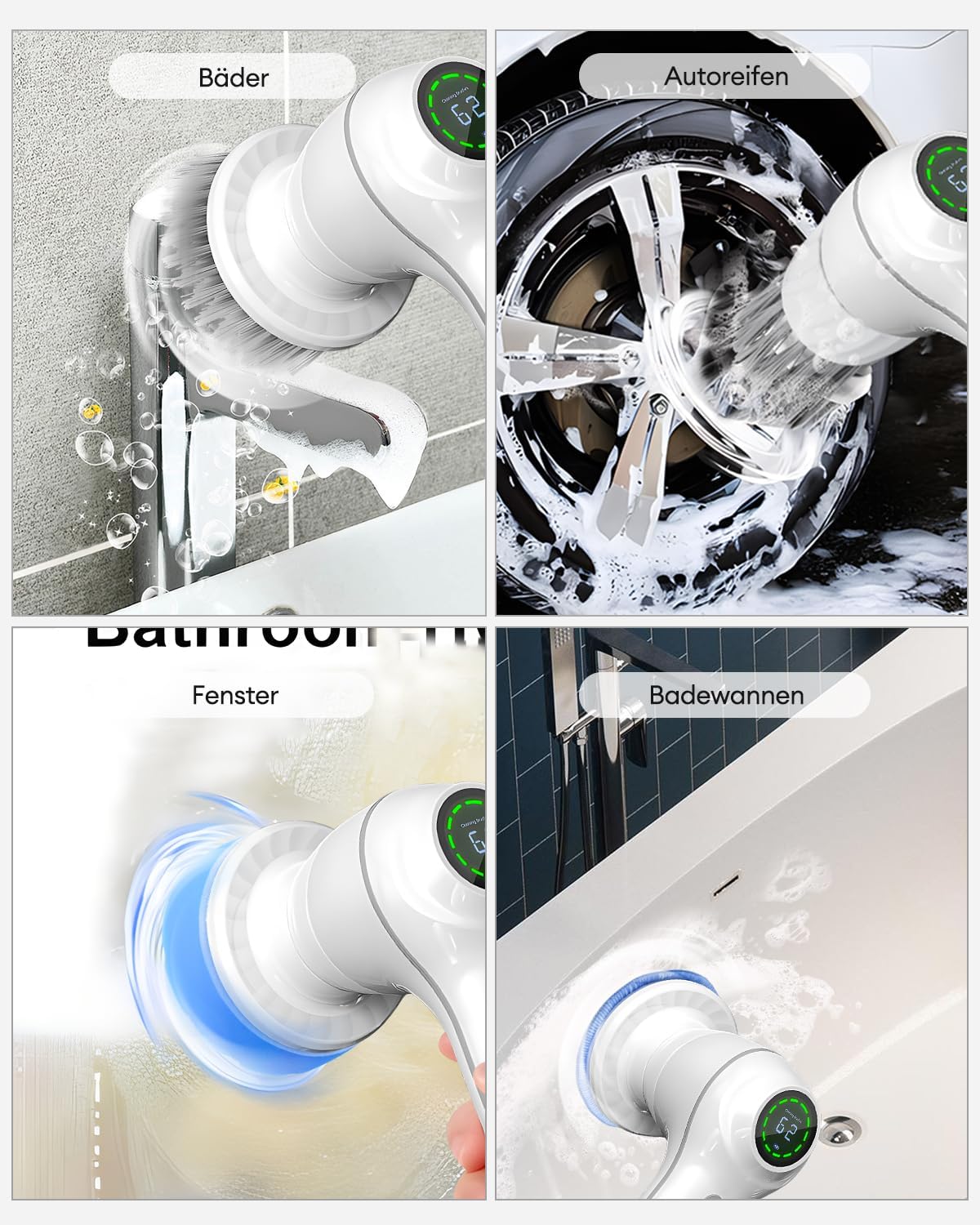 CkeyiN Elektrische Reinigungsbürste, Kabelloser Fugenreiniger mit 7 Austauschbaren Bürstenköpfen Handheld Power Spin Scrubber Mit LED Anzeige, 2 Modi, Weiß