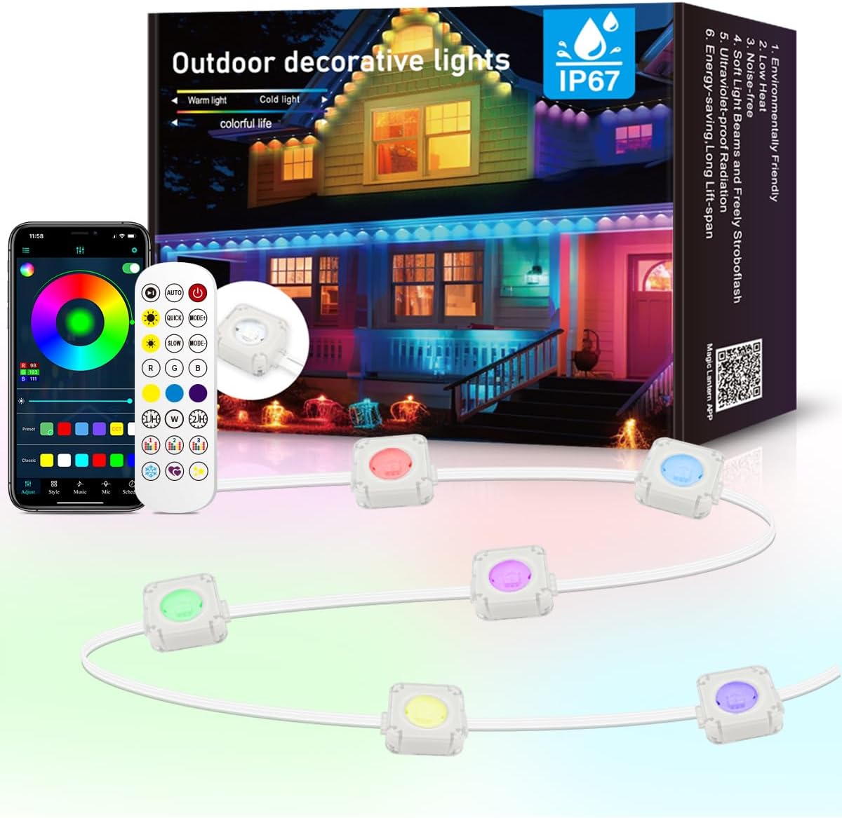 CLUHERTVY LED Lichternetz Außen Slimme RGBIC met 75 scènemodi, 15 m , IP67 Bluetooth, App bediening, waterdicht