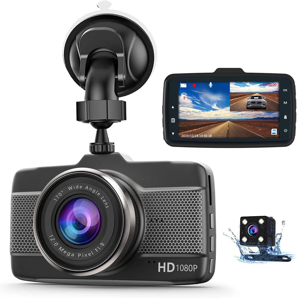 Claoner Dashcams für Autos vorher und nachher, 1080P Full HD Dashcam, Dual Dashcam mit F1.8 Nachtsicht, 170° Ansicht, 3 Zoll IPS-Bildschirm, Dashcams für Autos, Loop-Aufnahme, G-Sensor, Parkmonitor