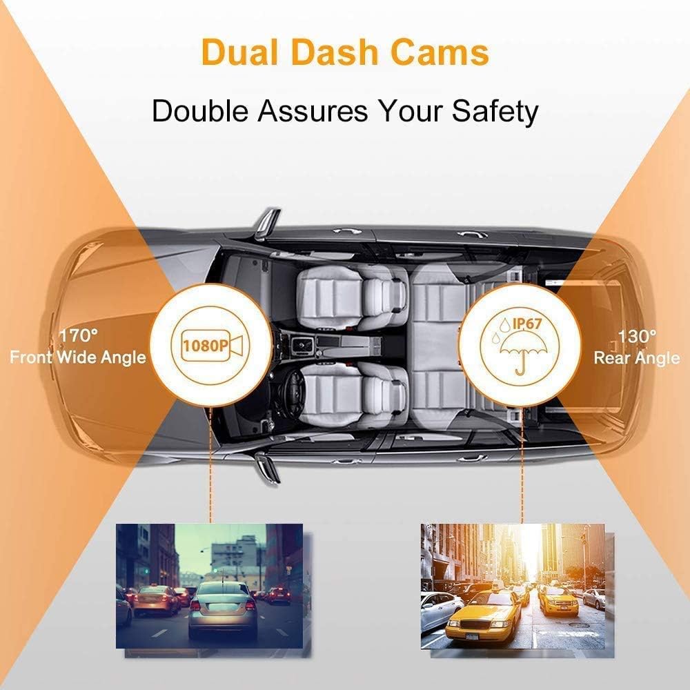 Claoner Dashcams für Autos vorher und nachher, 1080P Full HD Dashcam, Dual Dashcam mit F1.8 Nachtsicht, 170° Ansicht, 3 Zoll IPS-Bildschirm, Dashcams für Autos, Loop-Aufnahme, G-Sensor, Parkmonitor