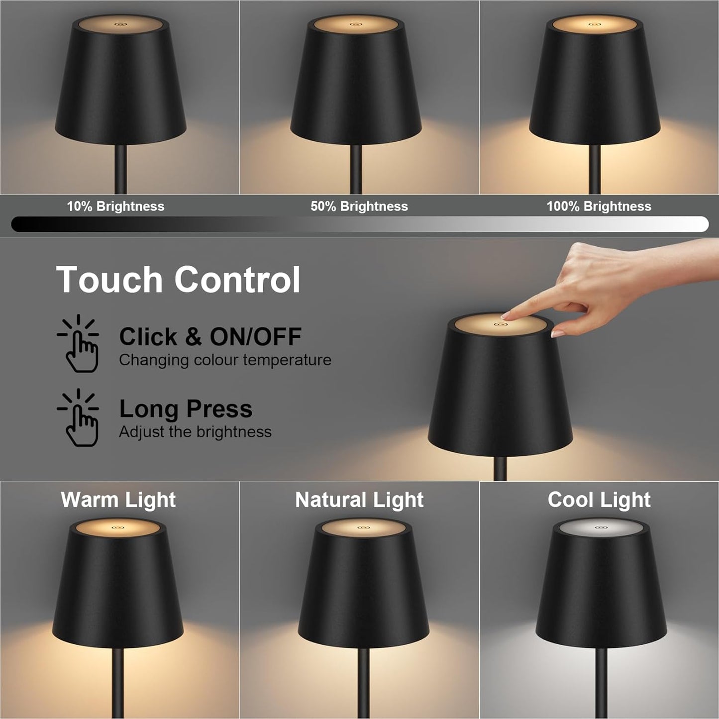 Coinmit LED kabellose Akku Stehlampe, 3000K-6000K dimmbare Touch Control Schwarz