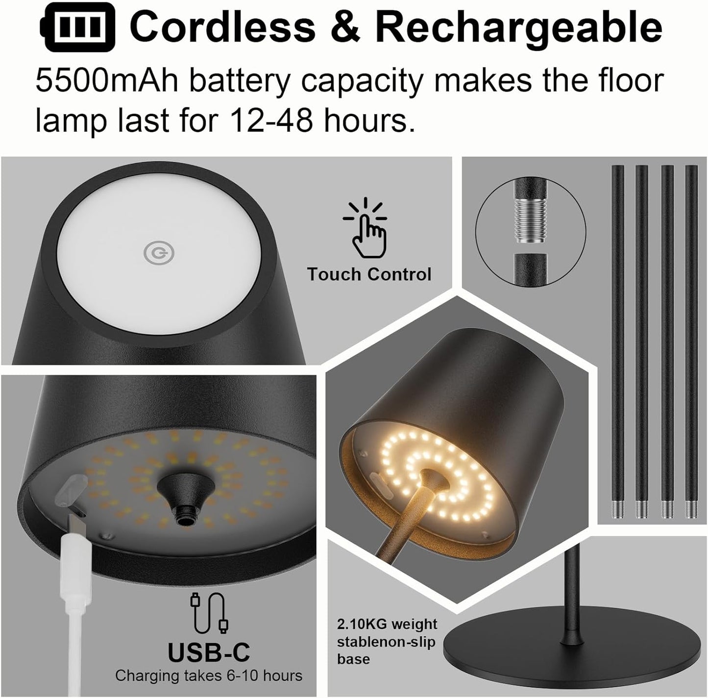 Coinmit LED kabellose Akku Stehlampe, 3000K-6000K dimmbare Touch Control Schwarz