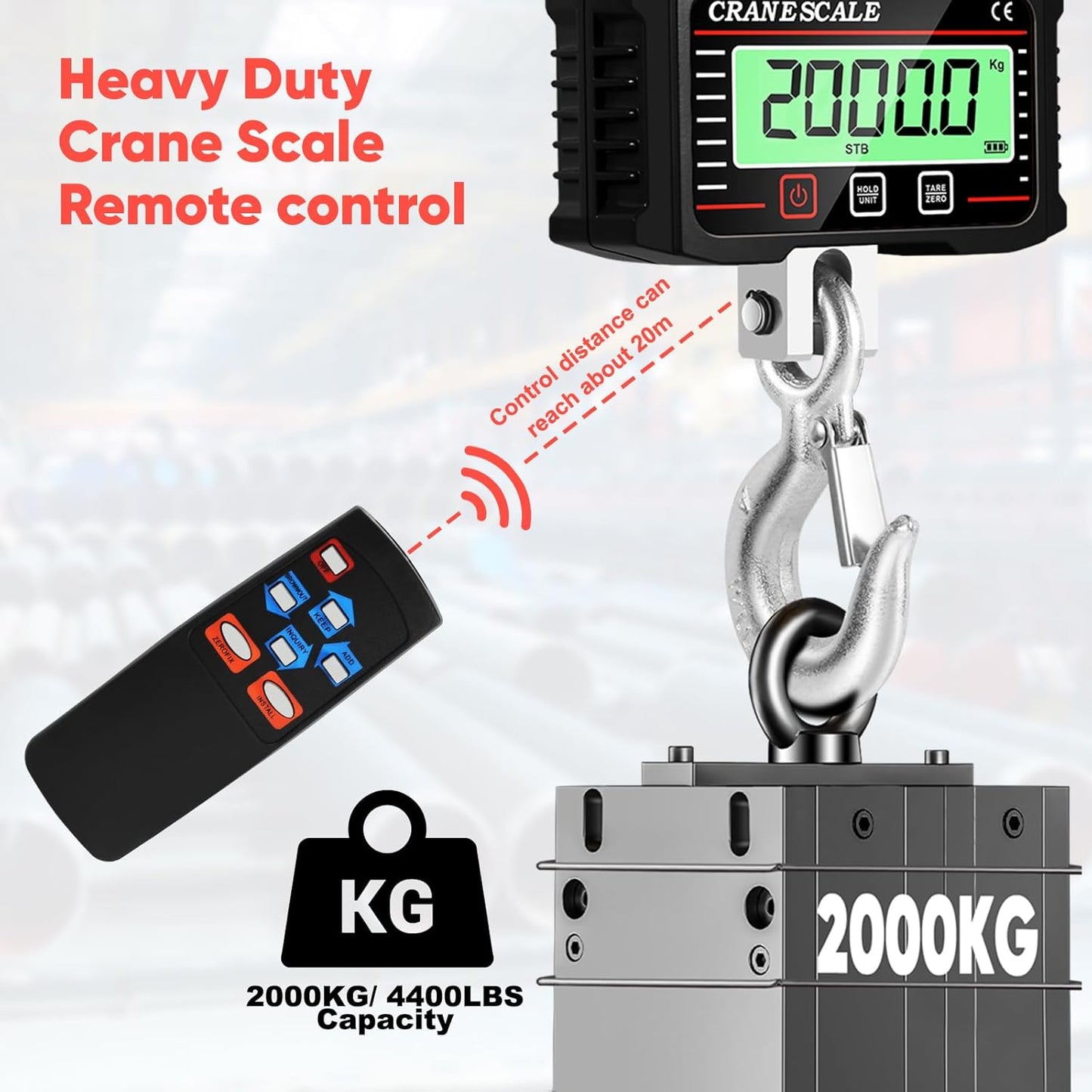 Digitale Hangweegschaal Digital Kranwaage 2000KG 4400lbs, Elektronische Hängende Waage mit Fernbedienung