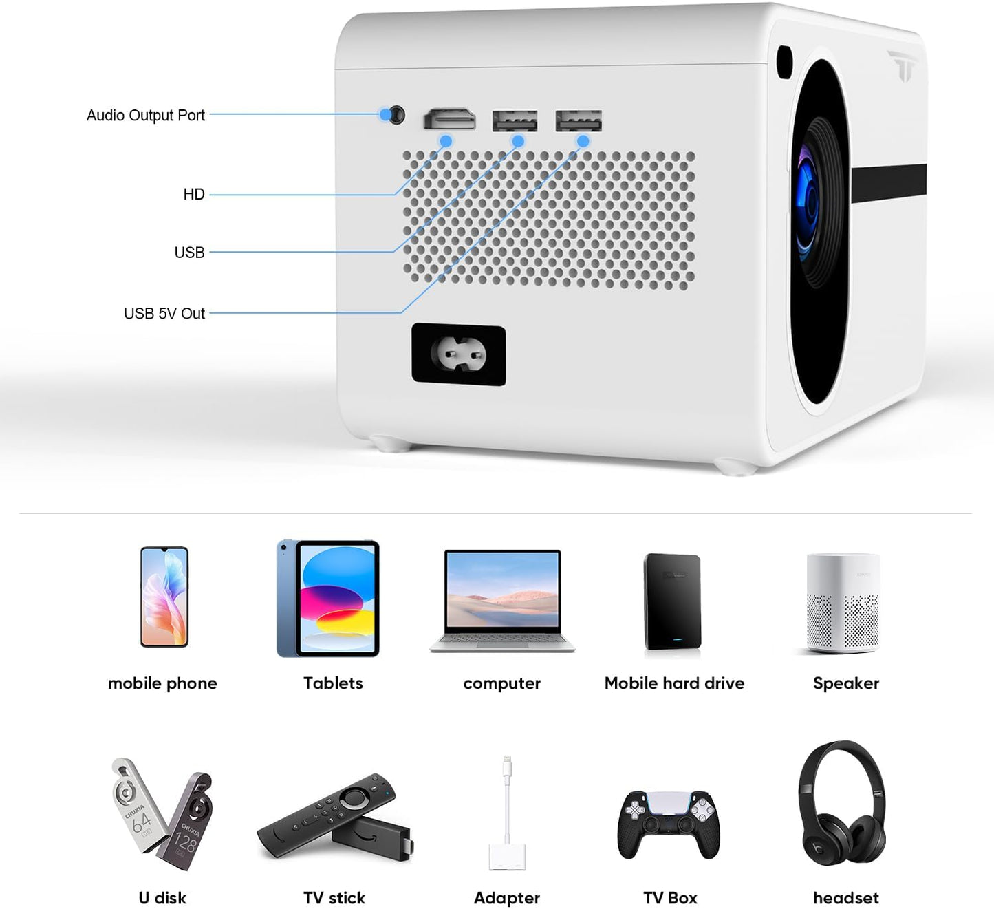 CROSEAU Projektor, Native 1080P Bluetooth Projektor, Bluetooth 5.1 Drahtlose Verbindung, 10000L Outdoor Filmprojektor, Kompatibel mit iOS/Android/HDMI/PC/TV Stick