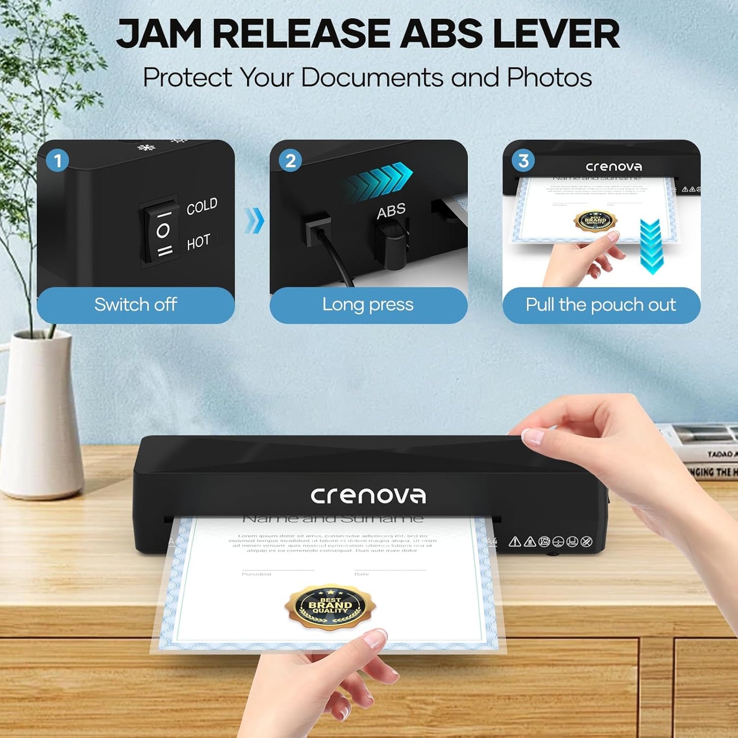Crenova Laminiermaschine mit 10 Laminierblättern, A4 Heiß & Kalt mit Fast Warm Technologie,