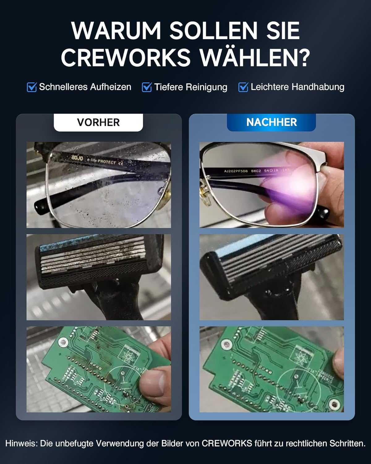 CREWORKS Ultraschallreinigungsgerät 3L mit Degas- und Sanftmodus Ultraschallreiniger mit Innenkorb