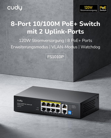 Cudy FS1010P 8 Port PoE+ Switch Mit 2 Uplink Ports, 120W, Erweitern/VLAN Modus, 802.3af/at, Fanless, Plug and Play