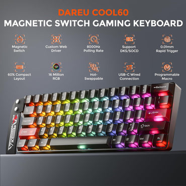 DAREU COOL60 8K Hz Rapid Trigger Magnetic Gaming Tastatur, 60% Wired,15 RGB Modes(Schwarz)