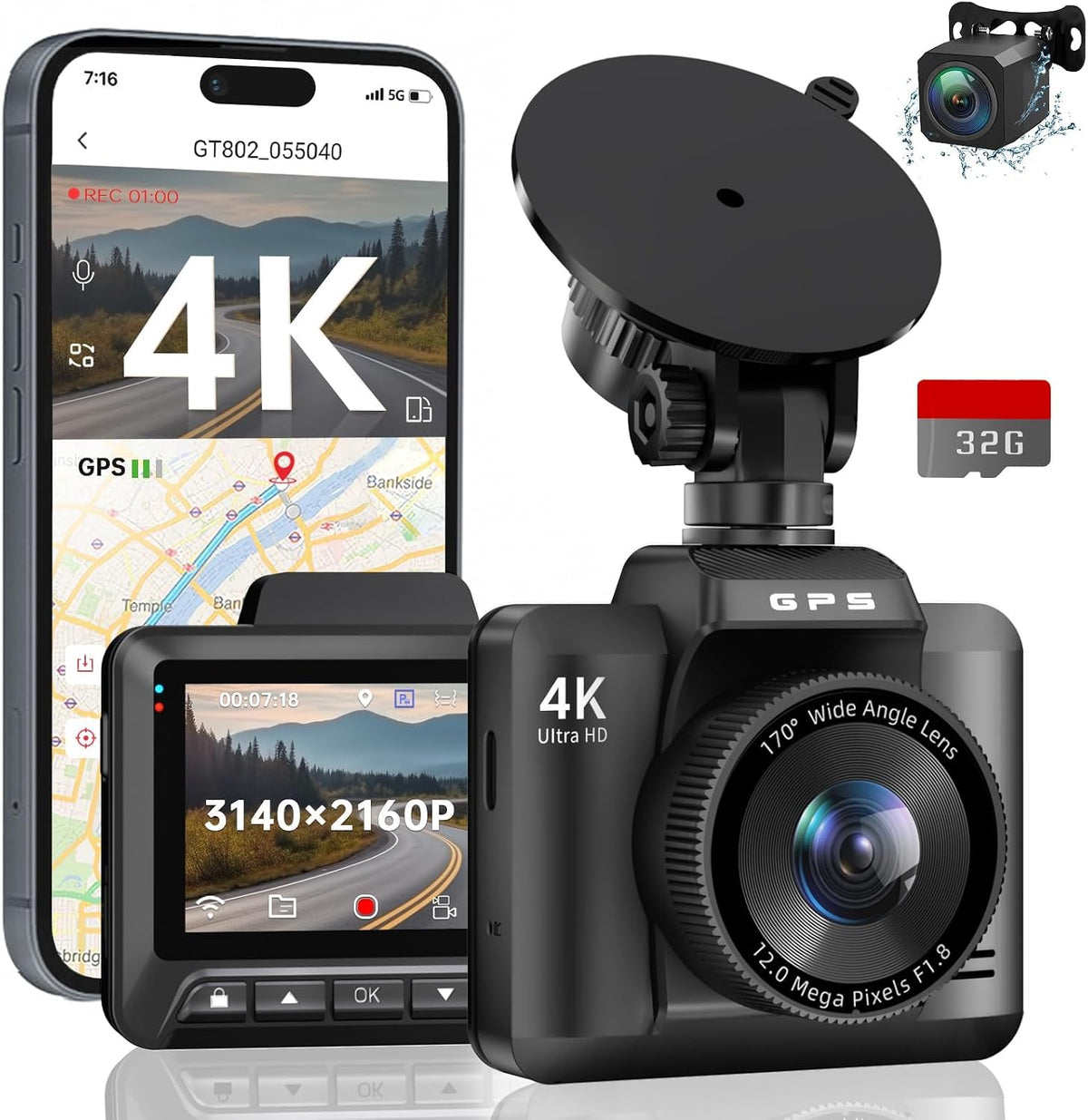 Dashcam Rückfahrkamera, 4K/1080p mit GPS, WLAN, 2,4-Zoll-IPS-Display, 32-GB-Speicherkarte,
