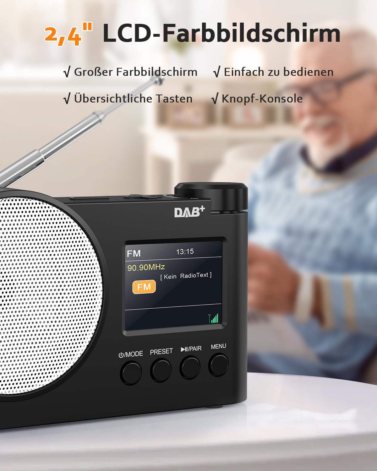 Tragbares DAB+ Radio, UKW-Digitalradio mit Bluetooth 5.1, Küchenradio 2,4" Farbdisplay