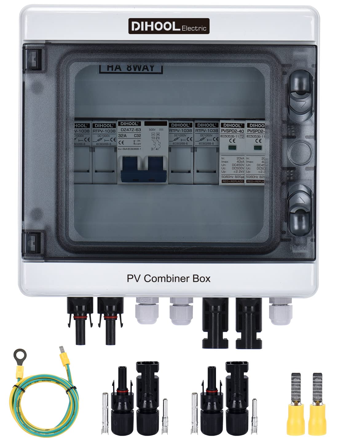 Dihool DC Überspannungsschutz PV Anschlusssysteme DC500V 15A 2 String Blitzschutz Für PV anlage Photovoltaik IP65 Gehäuse (2x 15A in, 1x 25A out)