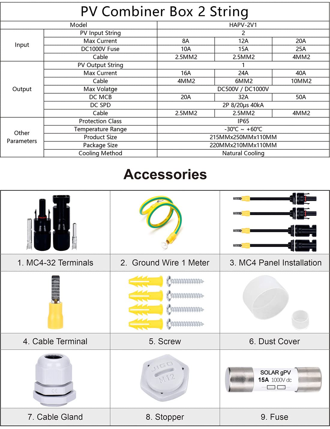 Dihool DC Überspannungsschutz PV Anschlusssysteme DC500V 15A 2 String Blitzschutz Für PV anlage Photovoltaik IP65 Gehäuse (2x 15A in, 1x 25A out)