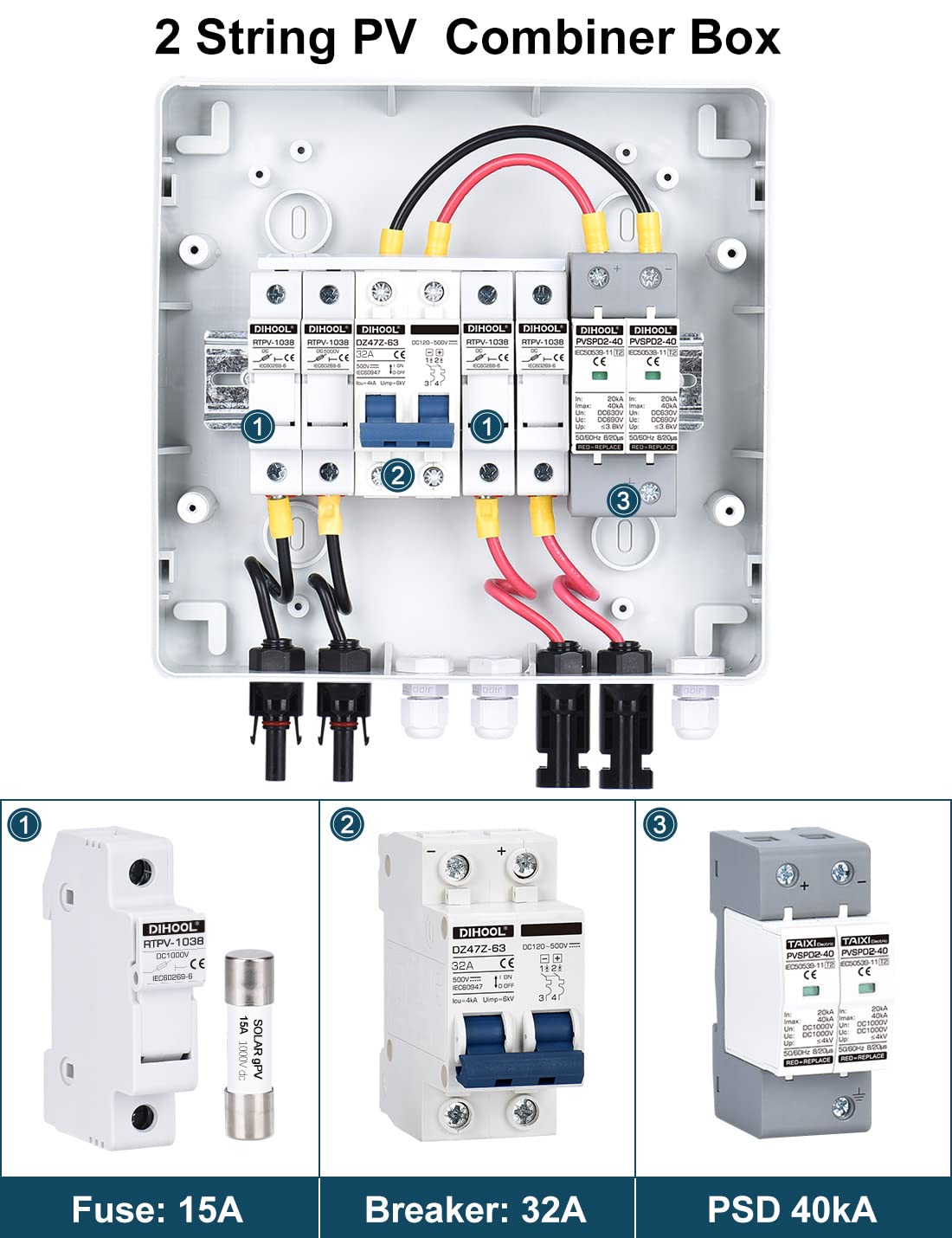 Dihool DC Überspannungsschutz PV Anschlusssysteme DC500V 15A 2 String Blitzschutz Für PV anlage Photovoltaik IP65 Gehäuse (2x 15A in, 1x 25A out)
