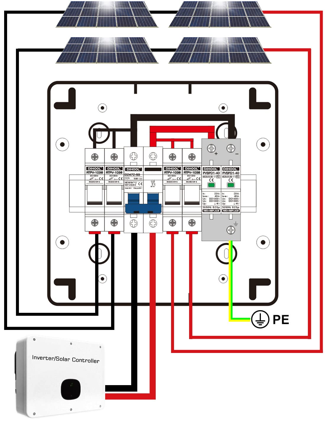 Dihool DC Überspannungsschutz PV Anschlusssysteme DC500V 15A 2 String Blitzschutz Für PV anlage Photovoltaik IP65 Gehäuse (2x 15A in, 1x 25A out)