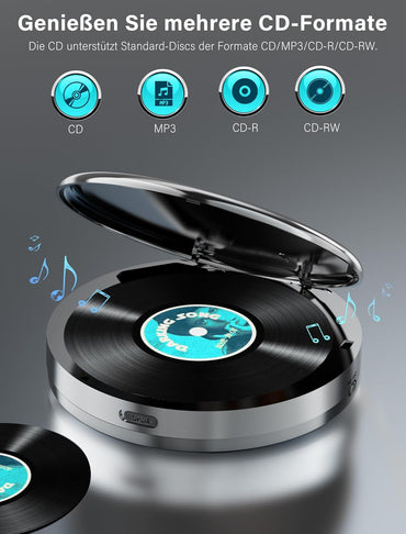 Discman-CD-Player 2000mAh mit Bluetooth-FM-Transmitter, Kopfhörern, LCD-Bildschirm, AUX,