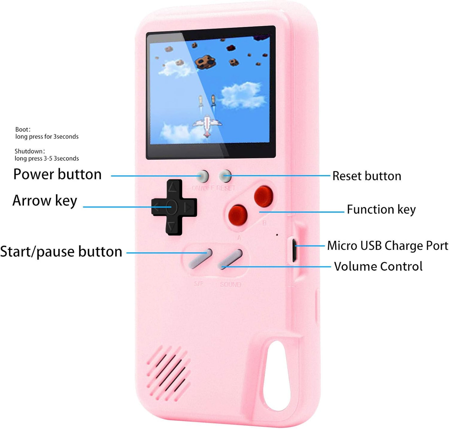 DIKKAR Game Case pour iPhone, Retro-Schutzhülle avec propre Stromversorgung, 36 petits jouets, Farbdisplay, Videospieletui pour iPhone XR (Rose)