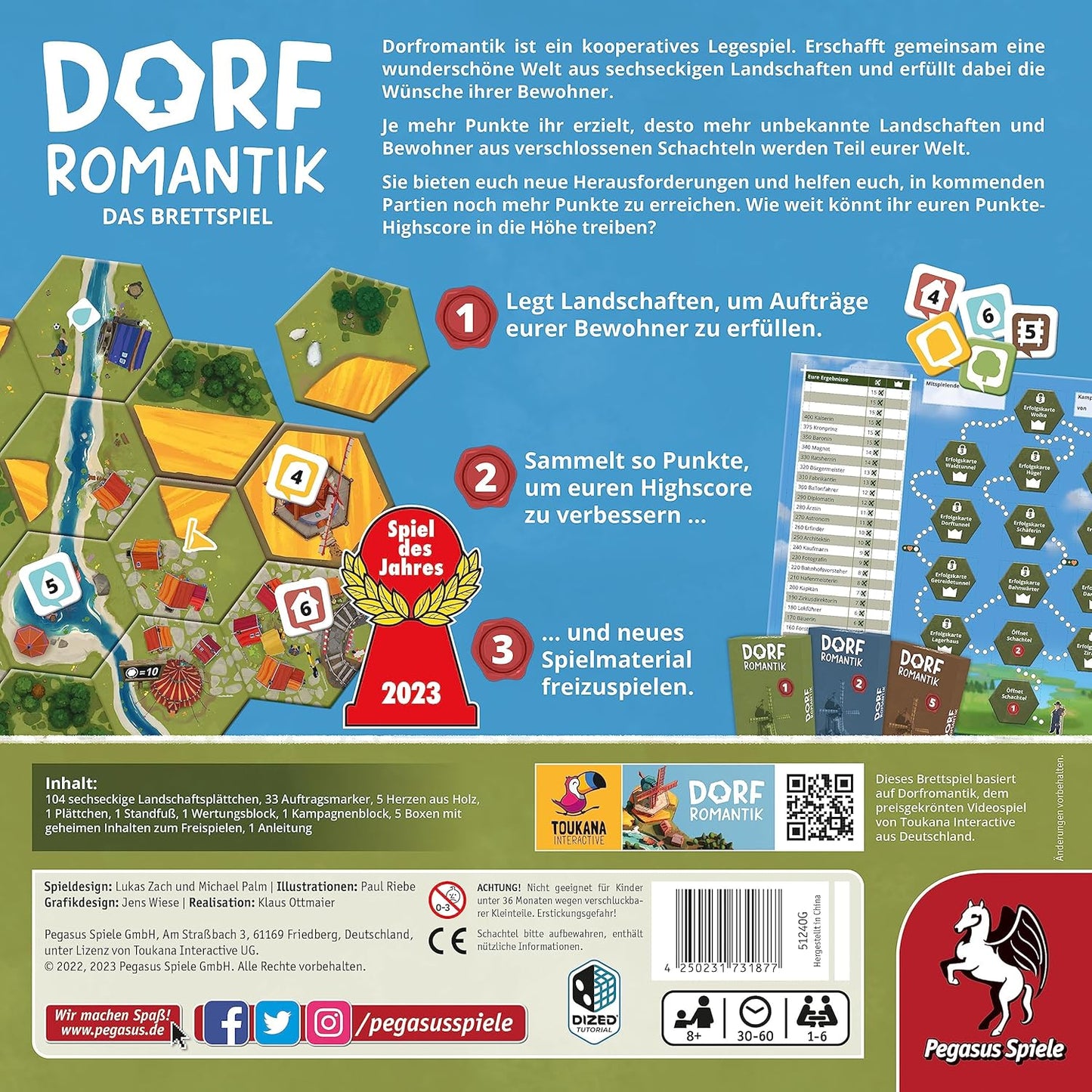 Pegasus Spiele 51240G Dorfromantik *Spiel des Jahres 2023* Brettspiele
