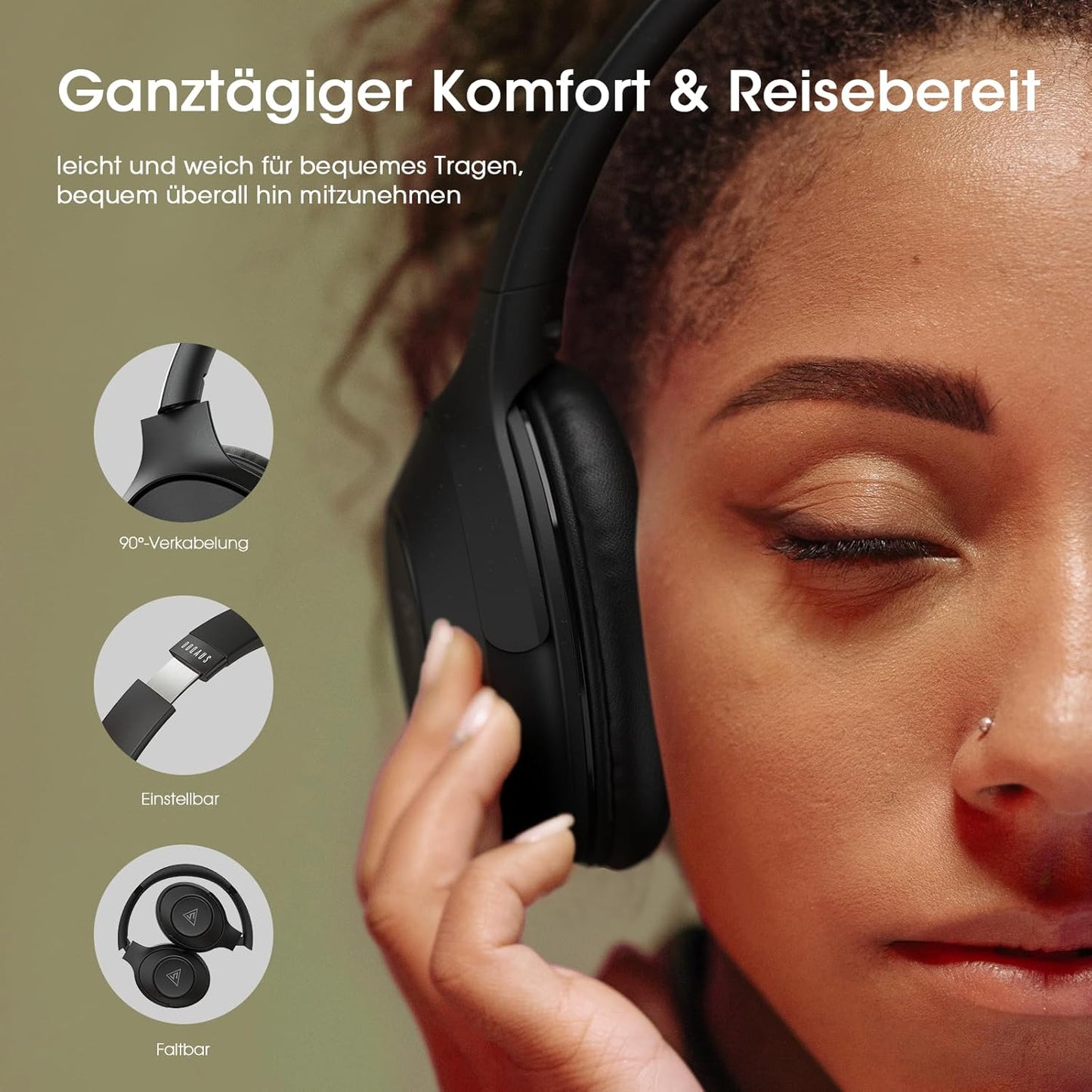 DOQAUS Kopfhörer Life 5 Kabellos Bluetooth,70Std Spielzeit 3 EQ-Modi Schwarz