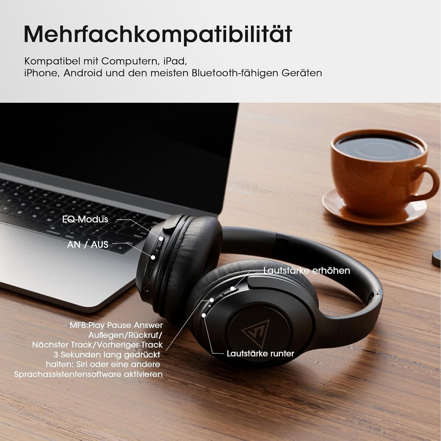 DOQAUS Kopfhörer Life 5 Kabellos Bluetooth,70Std Spielzeit 3 EQ-Modi Schwarz