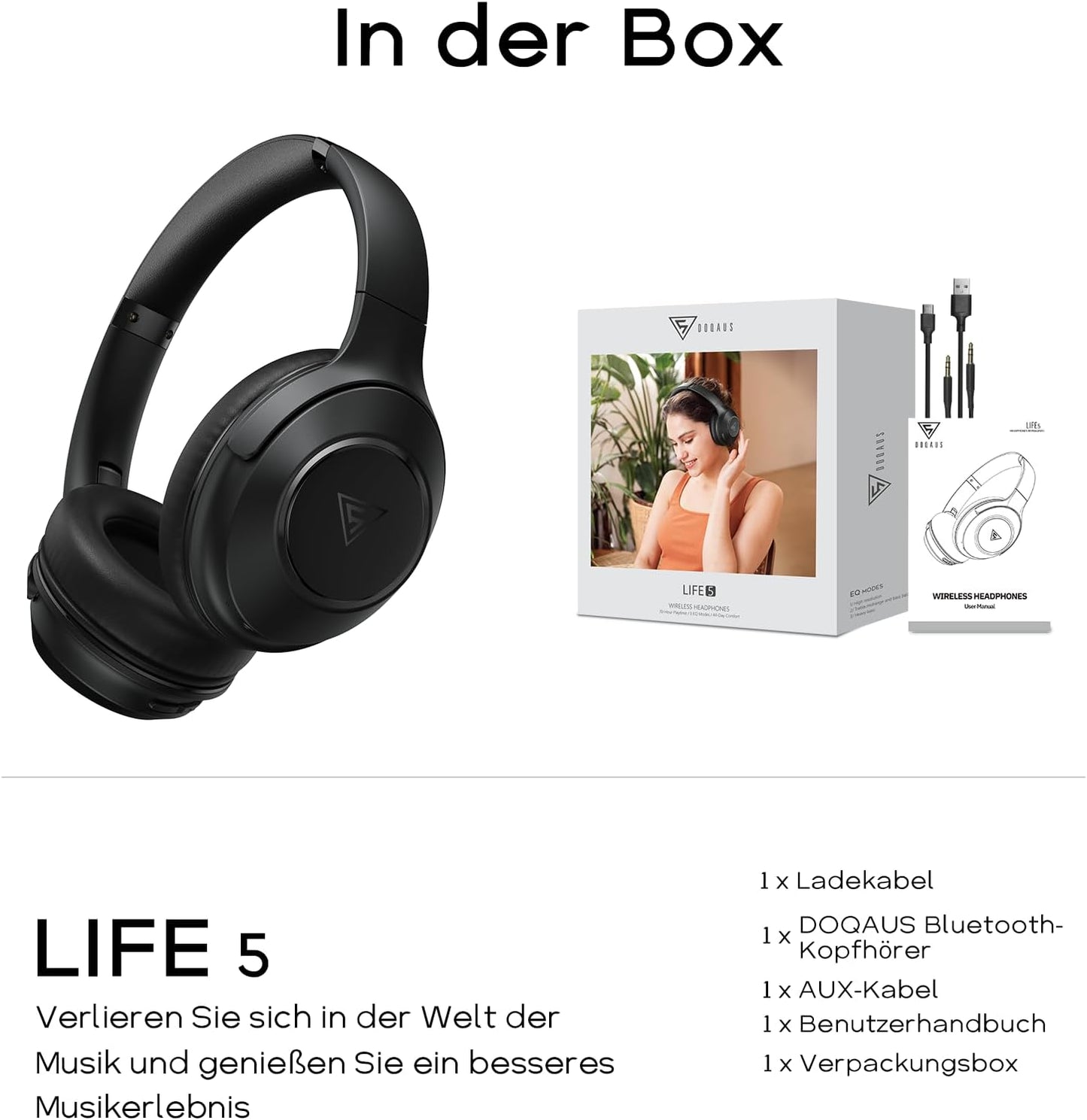 DOQAUS Kopfhörer Life 5 Kabellos Bluetooth,70Std Spielzeit 3 EQ-Modi Schwarz