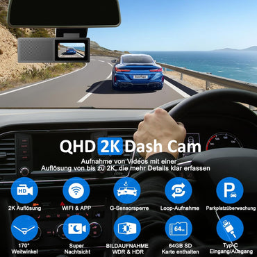 Dusefogo Auto-Dashcam (Frontkamera, 2K, WLAN, 64 GB Speicherkarte), Super-Nachtsicht, WDR