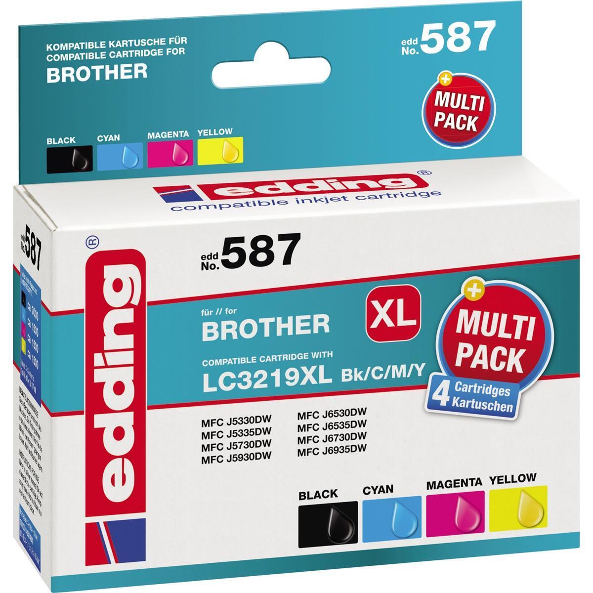 Cartouches d'encre Edding EDD-587 noir, cyan, magenta et jaune compatibles avec Brother LC-3219XLBK/C/M/Y, lot de 4