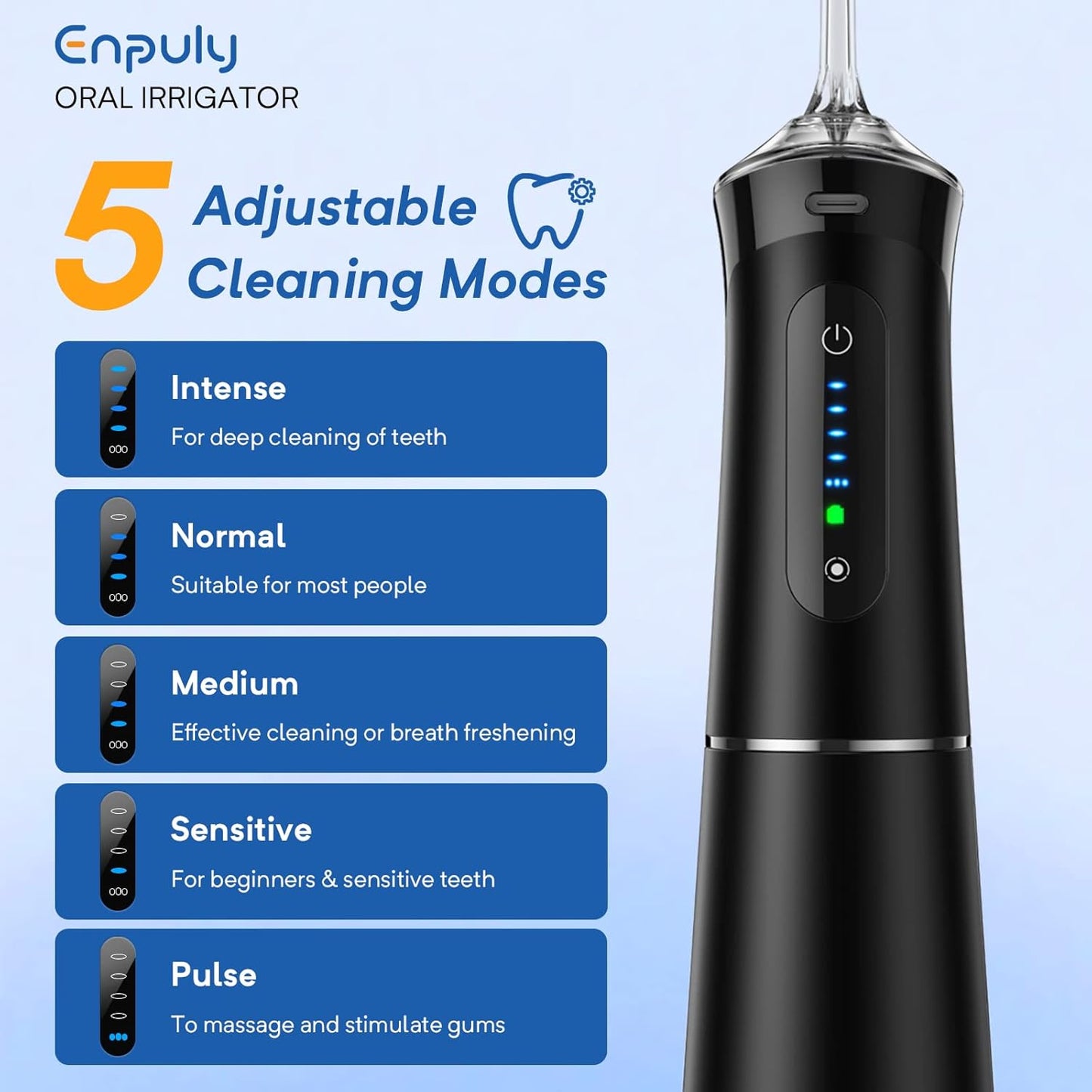 ENPULY Kabelloser Mundusche, IPX7, wasserdicht, 2000 mAh mit 5 Modi und 5 Düsen
