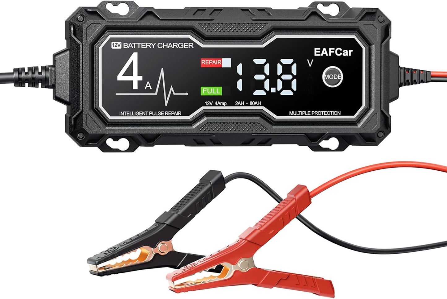 EAFCar Autobatterie Ladegerät, 4A 12V Smart vollautomatische KFZ Batterieladegerät mit LCD-Bildschirm