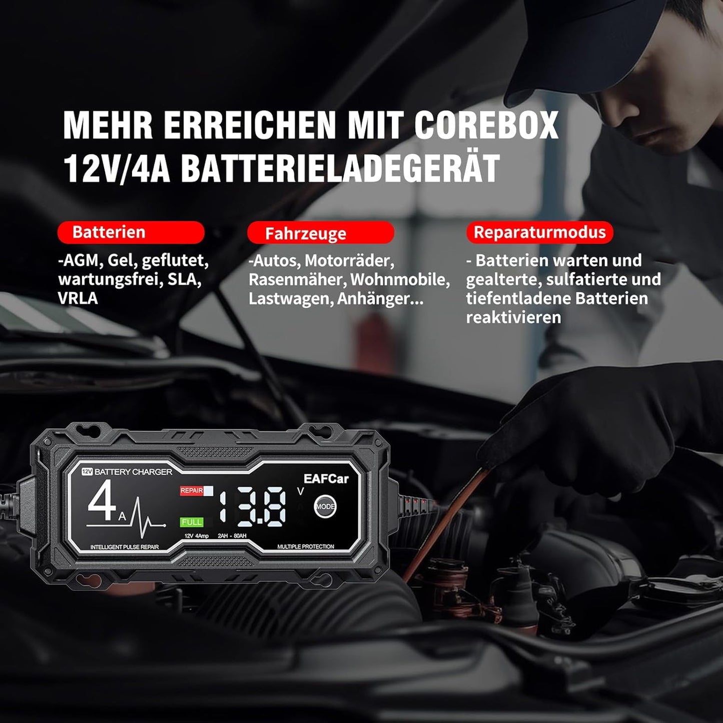 EAFCar Autobatterie Ladegerät, 4A 12V Smart vollautomatische KFZ Batterieladegerät mit LCD-Bildschirm
