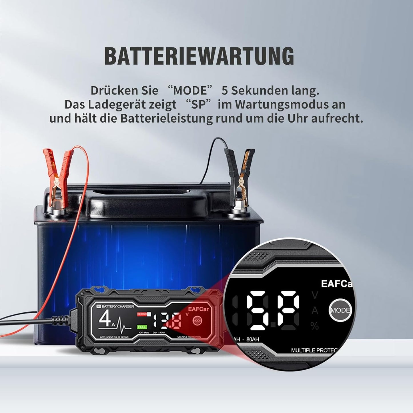 EAFCar Autobatterie Ladegerät, 4A 12V Smart vollautomatische KFZ Batterieladegerät mit LCD-Bildschirm