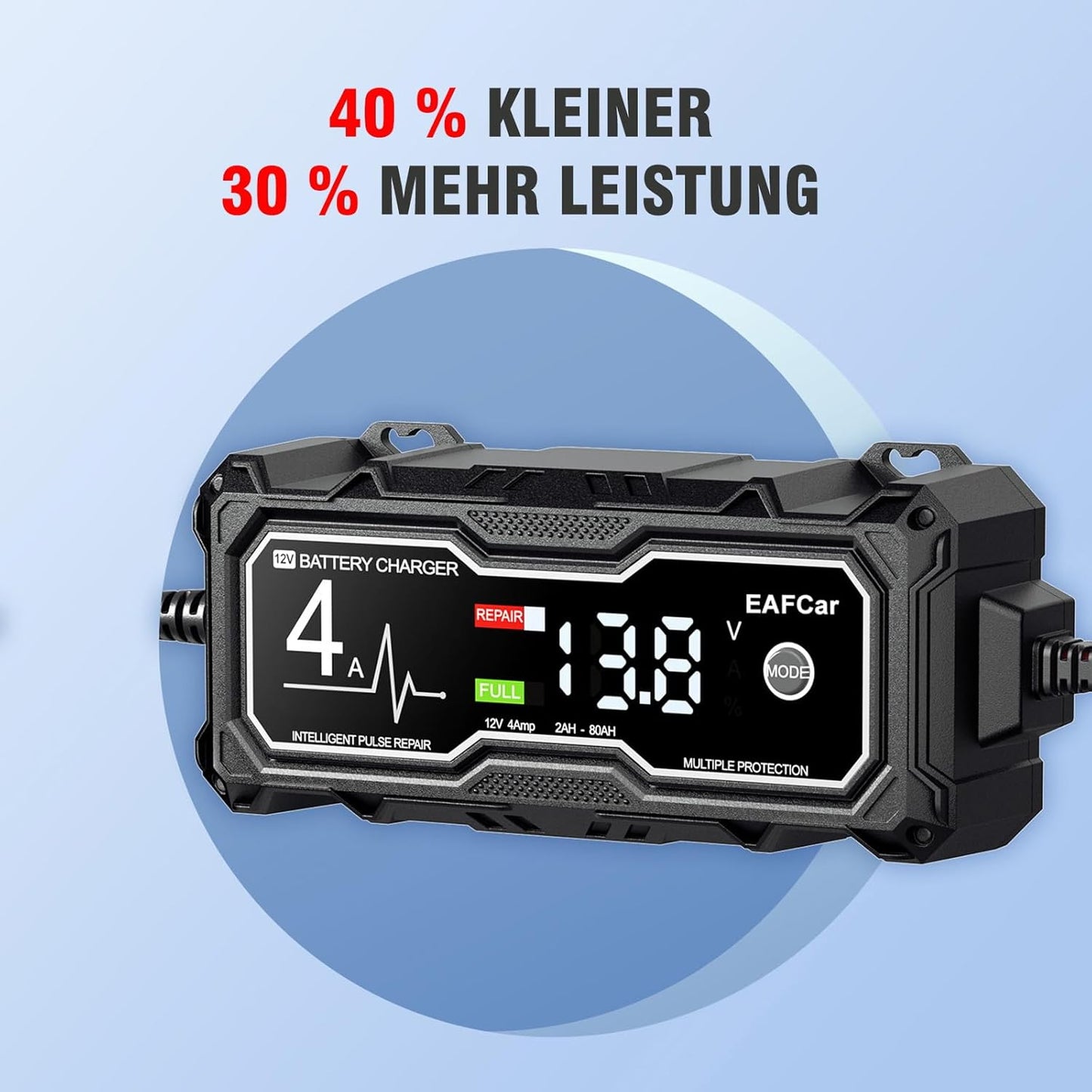 EAFCar Autobatterie Ladegerät, 4A 12V Smart vollautomatische KFZ Batterieladegerät mit LCD-Bildschirm