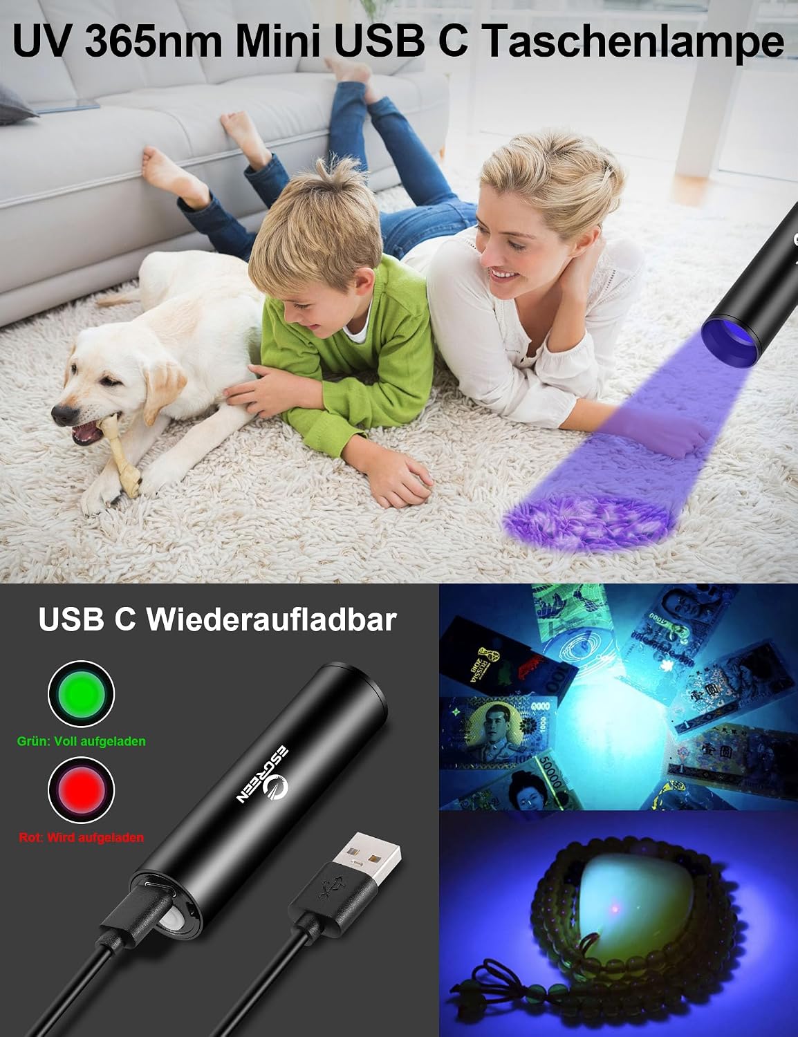 Esgreen LED Taschenlampe Extrem Hell 1000000 Lumens mit Mini UV 365nm Licht
